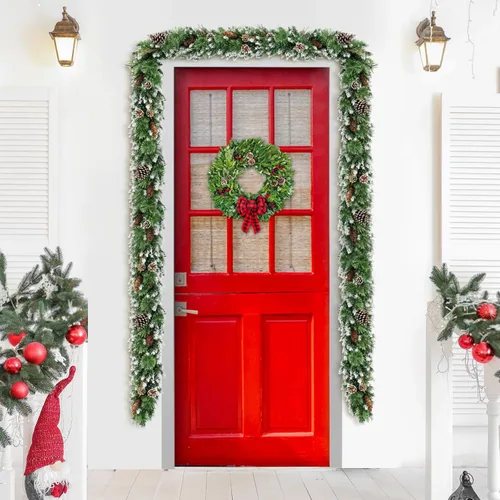 Vista 6 de Jin&Bao Guirnalda de Navidad de 9 pies con luces, 100 LED preiliminada guirnalda de pino nevado verde, decoraciones de Navidad con función