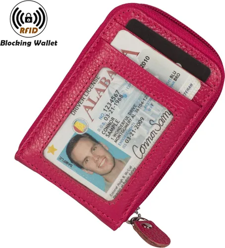 Vista 2 de Billetera con cierre de cuero genuino con tarjetero con bloqueador de señal RFID, S, Rojo rosa