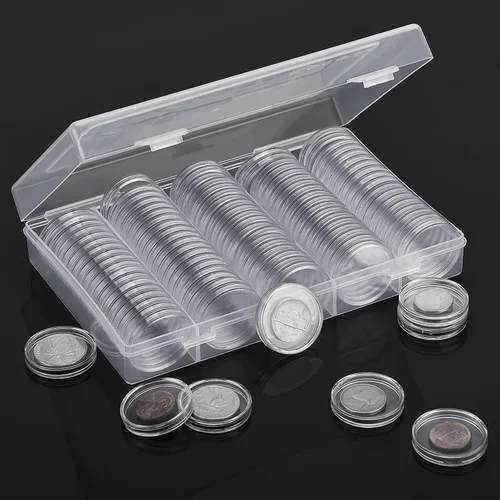 Vista 2 de Hicarer 100 cápsulas redondas de plástico transparente de 1.181 in para coleccionistas, estuche protector con caja de almacenamiento para Morgan