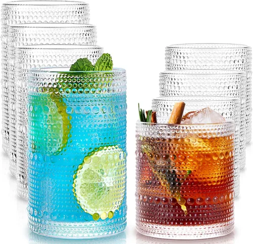 Hobnail - Juego de 8 vasos para beber, 4 vasos highball de 15 onzas, 4 vasos rocks de 12 onzas, vasos para cócteles de bebidas mixtas, juegos de