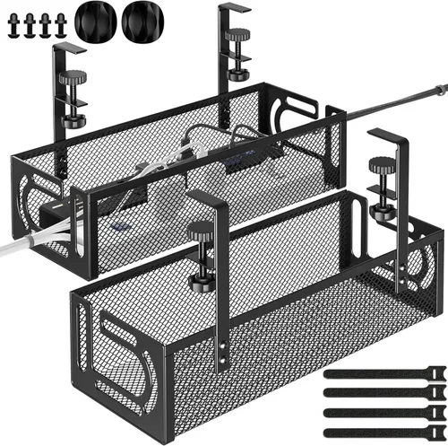 Vista 9 de Bandeja de gestión de cables bajo el escritorio, 15.7'' organizadores de cables de escritorio de acero sin taladro, bandeja de gestión de cables