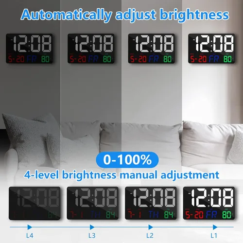 Vista 2 de Reloj digital de pared, reloj despertador digital LED de 11.5 pulgadas, pantalla grande, con control remoto, brillo ajustable, calendario