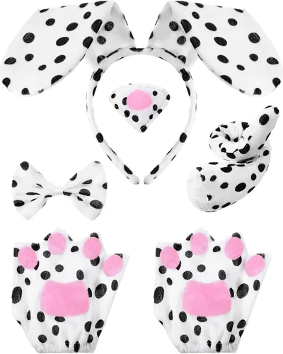 Vista 14 de Syhood Conjunto de disfraz de perro para cachorro, diadema con orejas de perro, corbatín, nariz, cola, guantes, accesorios de disfraz de animales