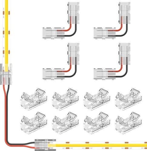 Vista 9 de PAUTIX Conectores de 0.315 pulgadas para tiras de luces LED COB de 2 pines, 4 conectores transparentes sin huecos, 4 extremos dobles, 1 enchufe