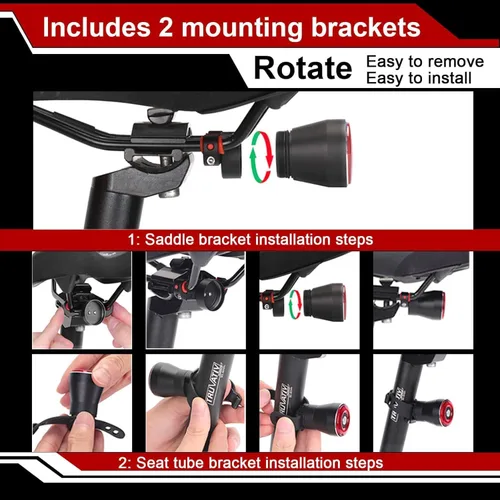 Vista 7 de Luz trasera inteligente para bicicleta, recargable por USB, luces direccionales de bicicleta con control remoto, luz trasera impermeable