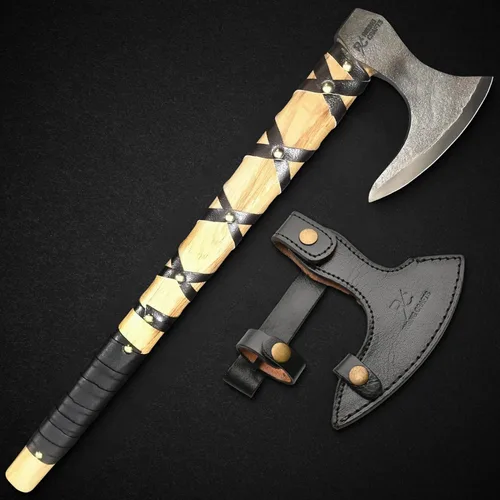 Hacha vikinga de acero al carbono, hacha con funda de cuero, hacha de supervivencia para acampar al aire libre Tomahawk | Hoja de acero de alto