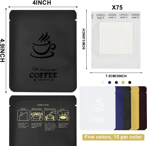 Vista 2 de 75 bolsas de papel de filtro de café con 75 bolsas de papel de aluminio para almacenamiento de café, bolsas de embalaje desechables de grado