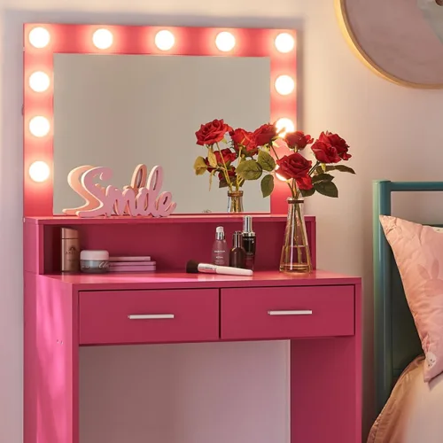 Vista 25 de MIRROTOWEL Escritorio de tocador de 47.5 pulgadas con espejo grande, 3 modos de iluminación de color, brillo ajustable, cómoda con 3 cajones y 2