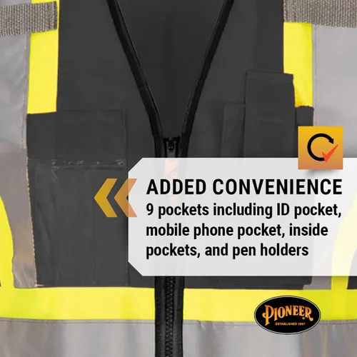 Vista 6 de Chaleco de seguridad Pioneer para mujeres con bolsillos - Cinta reflectante de alta visibilidad - Para construcción - Negro