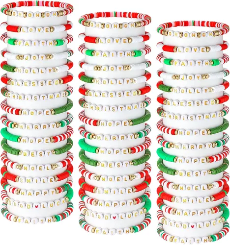 Vista 6 de Jadive 48 piezas de pulseras de Navidad de la amistad a granel, pulseras ajustables coloridas para niños, pulseras elásticas de arcilla, pulseras