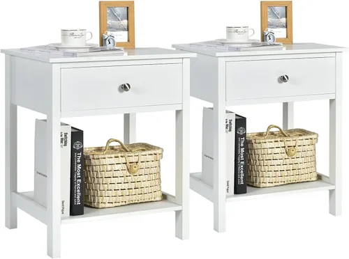 COSTWAY 2PCS Mesita de noche con cajón Estante de almacenamiento de madera Mesita de noche Sofá Mesa auxiliar Blanco