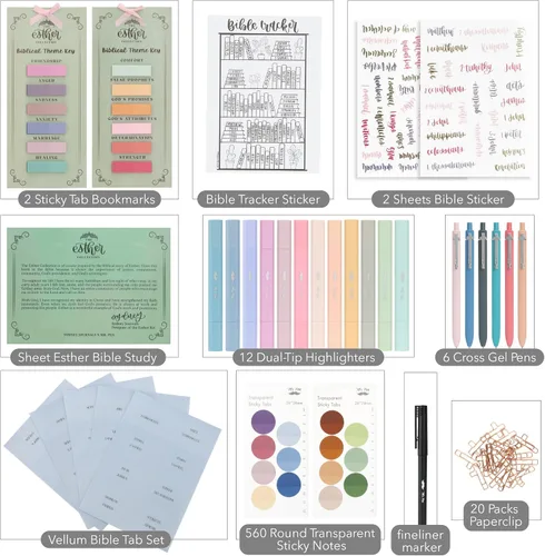 Vista 3 de Esther Bible Journaling Kit, Loaded Bible journaling Supplies, Highlighters, Pens, Vellum Bible Tabs, Sticky Notes, Sticker Sheets, Fineliner