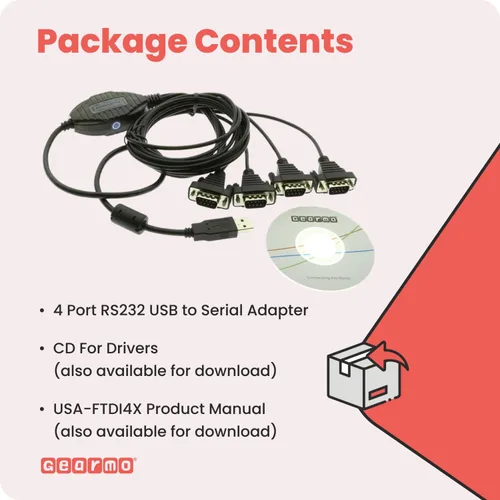 Vista 7 de Gearmo Adaptador serie USB a RS232 de 4 puertos con chipset FTDI – Compatible con Windows 11, 10, 8, 7, Linux y Mac, cuenta con Plug-and-Play sin