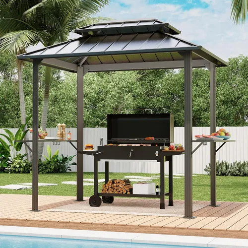 Vista 10 de LAUSAINT HOME Gazebo para parrilla al aire libre de 5 x 8 pies, kiosco para barbacoa con parte superior ventilada de 2 niveles, 2 estantes duraderos