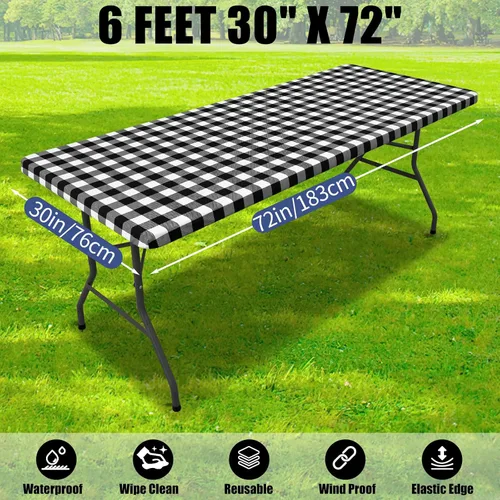 Vista 9 de Smiry Mantel de picnic, paquete de 2 manteles ajustables elásticos impermeables para mesas rectangulares de 6 pies, mantel de poliéster lavable a
