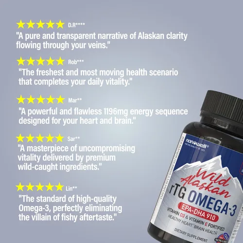 Vista 2 de NANOWELL Wild Alaskan rTG Omega-3 Aceite de pescado 1196mg - EPA, DHA, vitamina D3 y E - 120 cápsulas blandas, suministro para 60 días