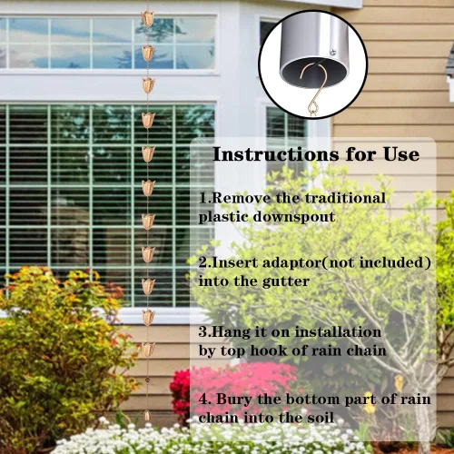 Vista 7 de Cadenas de lluvia para canalón, cadena de agua de lluvia de tulipanes de 8.3 pies con 12 tazas, cadena de recogedor de lluvia dorada ajustable