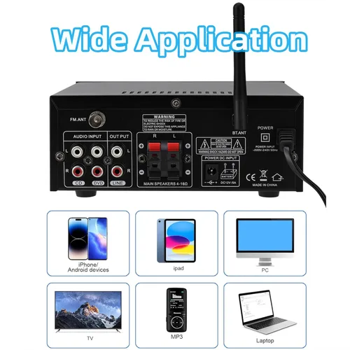 Vista 3 de Amplificador de audio 800W, amplificador estéreo para el hogar con 2 canales, RMS 60Wx2, Bluetooth 5.0, mini amplificador HiFi con eco, micrófono