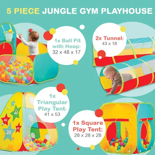 Vista 8 de Tienda de campaña de 5 piezas para niños pequeños con hoyo de bolas, túnel de gateo, casa de juegos interior y exterior, gimnasio de la selva