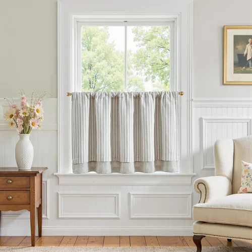 Vista 63 de jinchan - Cortinas de lino a rayas para cocina de 20 pulgadas de largo, cortinas de varios niveles, estilo granja moderna de café, tratamientos