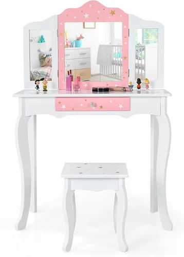 Vista 12 de HONEY JOY Juego de tocador para niños, mesa de maquillaje de madera estilo princesa con taburete y cajón, espejo de triple plegado, parte superior