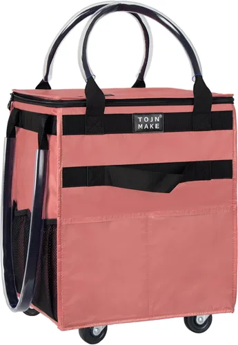 Vista 14 de Bolsa de comestibles reutilizable sobre ruedas, carrito de compras con 8 bolsillos y cubierta con cremallera, bolsa plegable con ruedas, asas