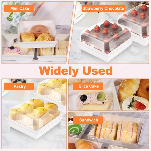 Vista 7 de Paquete de 50 cajas de papel para embutidos con tapas transparentes, recipientes cuadrados blancos para galletas de 4.3 pulgadas, cajas de postre