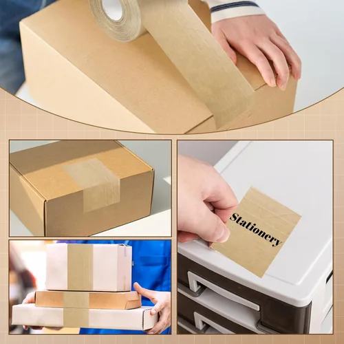 Vista 6 de Cinta de papel Kraft engomada activada por agua, 2.76 pulgadas x 49.2 yardas cinta de embalaje marrón para embalaje y envío seguros resistentes