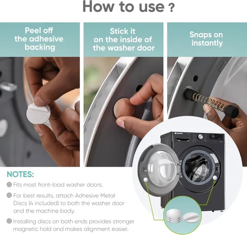 Vista 6 de Paquete de 2 accesorios para puerta de lavadora de carga frontal, soporte magnético para puerta con resorte flexible y discos de metal adhesivos