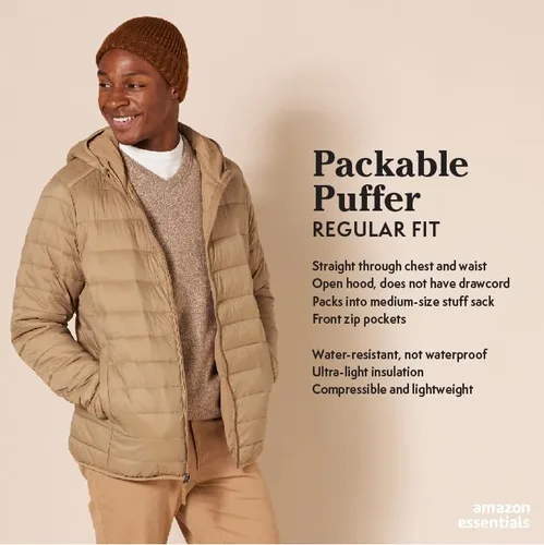 Vista 2 de Tienda Essentials Men's Lightweight Water-Resistant Packable Hooded Puffer Jacket
