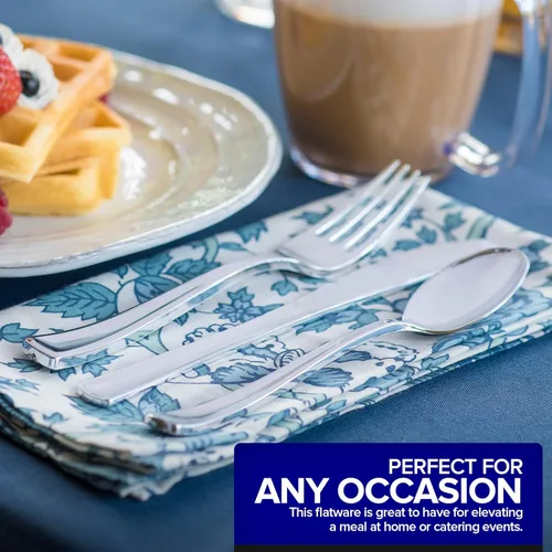 Vista 45 de Juego de cubiertos de plástico resistente (dorado) de 75 piezas, juego de cubiertos desechables, ideal para fiestas, bodas y catering, cubiertos