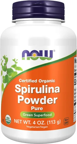 NOW Suplementos, orgánico certificado, polvo de espirulina, rico en betacaroteno (vitamina A) y B-12 con GLA y clorofila naturales, 4 onzas