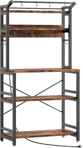IRONCK Bakers Rack with Power Outlet, Microwave Stand with Storage, Coffee bar with 9 Hooks, 5 Tier Large Storage Capacity and Strong Metal Material