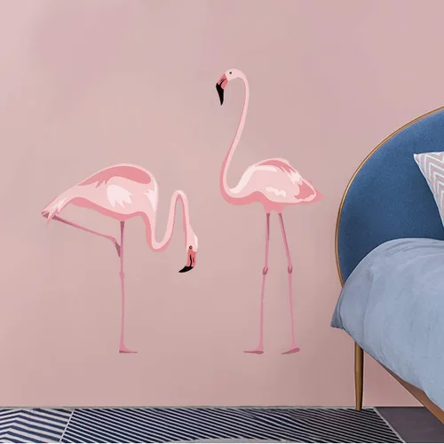 Vista 2 de decalmile Calcomanías de pared de flamenco rosa, calcomanías de pared para dormitorio, sala de estar, habitación de los niños, decoración de pared