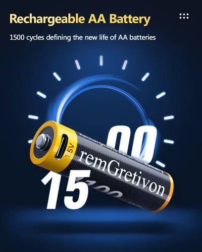 Vista 2 de Paquete de 4 baterías AA recargables por USB, incluye cable USB-A a USB-C 4 en 1, iones de litio de 4100 mWh, 1.5 V, 1500 ciclos de recarga USB C