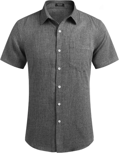 Vista 2 de COOFANDY - Camisa de lino de manga corta con botones estilo informal para hombre, ideal para la playa
