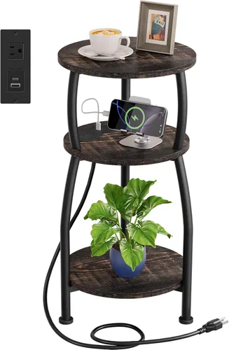Vista 9 de Mesa auxiliar redonda con toma de corriente y puertos USB, mesa auxiliar de 3 niveles con estante de almacenamiento, mesita de noche rústica