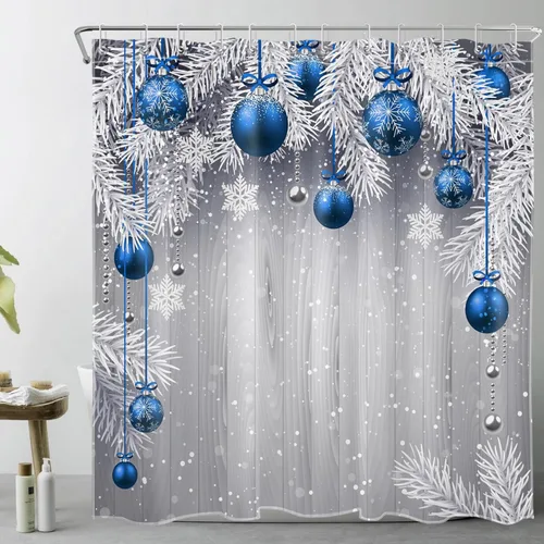Vista 24 de HVEST Christmas Ball Shower Curtain, Blue Christmas Ball with Silver Pine Tree on Grey Board Bathroom Shower Curtain with Hooks, Snow Snowflake