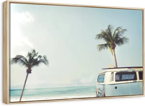 Vista 9 de ElephantStock - Retro Surf Van Wall Art - Horizontal Floating Framed Canvas - Living Room Wall Decor - Photography Beach Framed Canvas Art - Blue