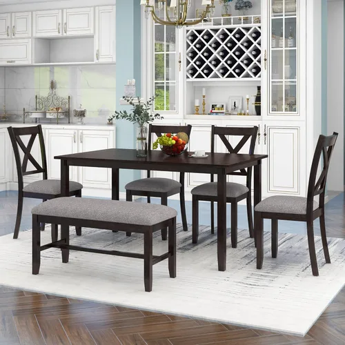 Vista 14 de Quarte Juego de mesa de comedor de 6 piezas estilo granja con 4 sillas tapizadas y banco, para restaurantes, apartamentos, muebles de sala de estar