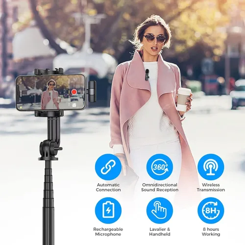 Vista 5 de Moman Micrófono Lavalier inalámbrico para iPhone, micrófono con clip para grabación de video, entrevista, podcast, vlog, YouTube, micrófono