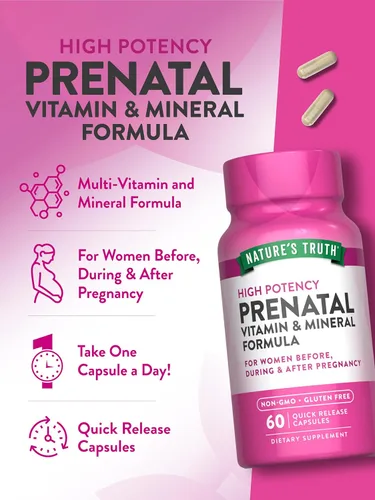 Vista 5 de Nature's Truth Vitaminas prenatales con ácido fólico 60 cápsulas Suplemento sin OMG y sin gluten
