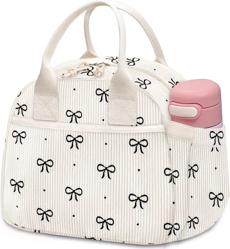 Vista 20 de Carry bloom Lonchera para mujer, lonchera aislada, bonita lonchera de pana reutilizable para el trabajo (1 rayas blancas y negras)