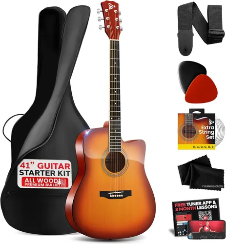 Vista 8 de Pyle Kit de guitarra acústica de cuerda de acero, 4/4 de tamaño completo, Guitarra Acustica de madera recortada con juego de accesorios de primera