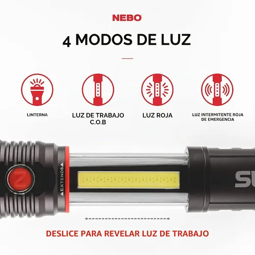 Vista 2 de Nebo Slyde+ (Plus) 6525 linterna LED 300 lúmenes, doble luz, base magnética