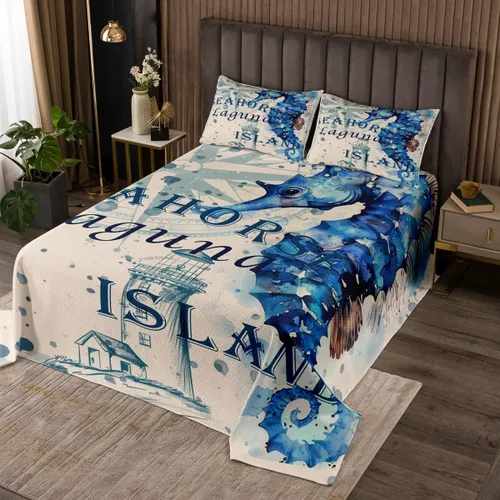 Vista 11 de Juego de colcha con temática de caballito de mar con temática de criaturas oceánicas para niños, niñas, adolescentes, decoración de habitación de un