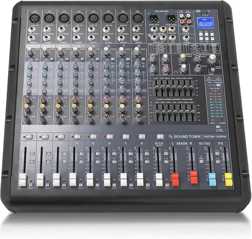 Sound Town Mezclador alimentado de 10 canales 2x800W con 2 bus, efectos DSP, USB, MP3, ecualizador dual de 7 bandas, alimentación fantasma