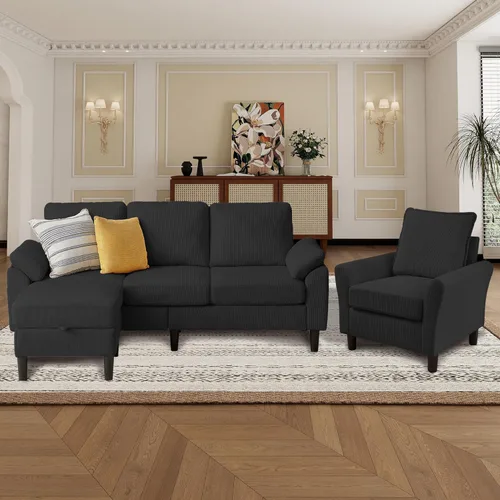 Vista 14 de Juego de sofá modular en forma de L de pana con otomana de almacenamiento y bolsillos laterales, sofá de 3 plazas + sillón, muebles de sala de estar