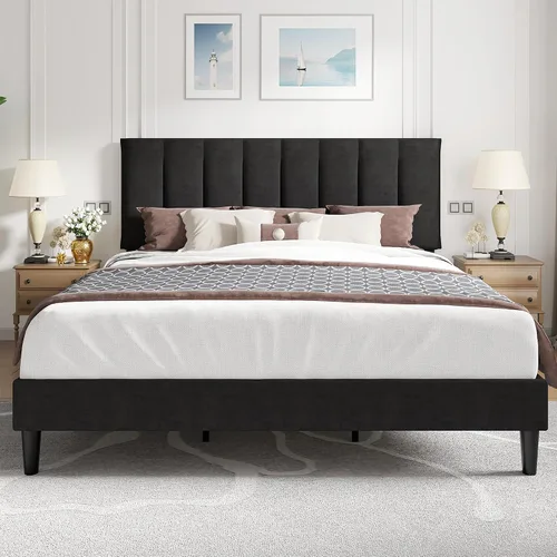 Vista 43 de VECELO Base de cama tamaño King con cabecera tapizada, marco de cama resistente con fuerte soporte de listones de madera, no necesita somier