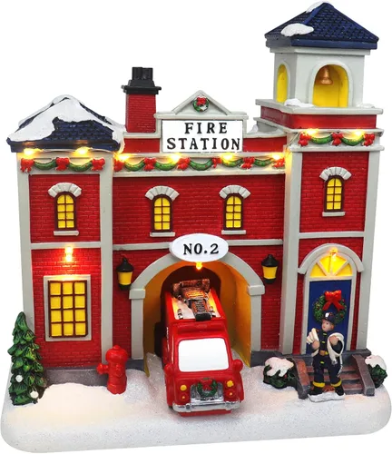 Christmas Village - Estación de bomberos animada, edificio coleccionable de aldea musical de nieve preiluminada, complemento perfecto para tus